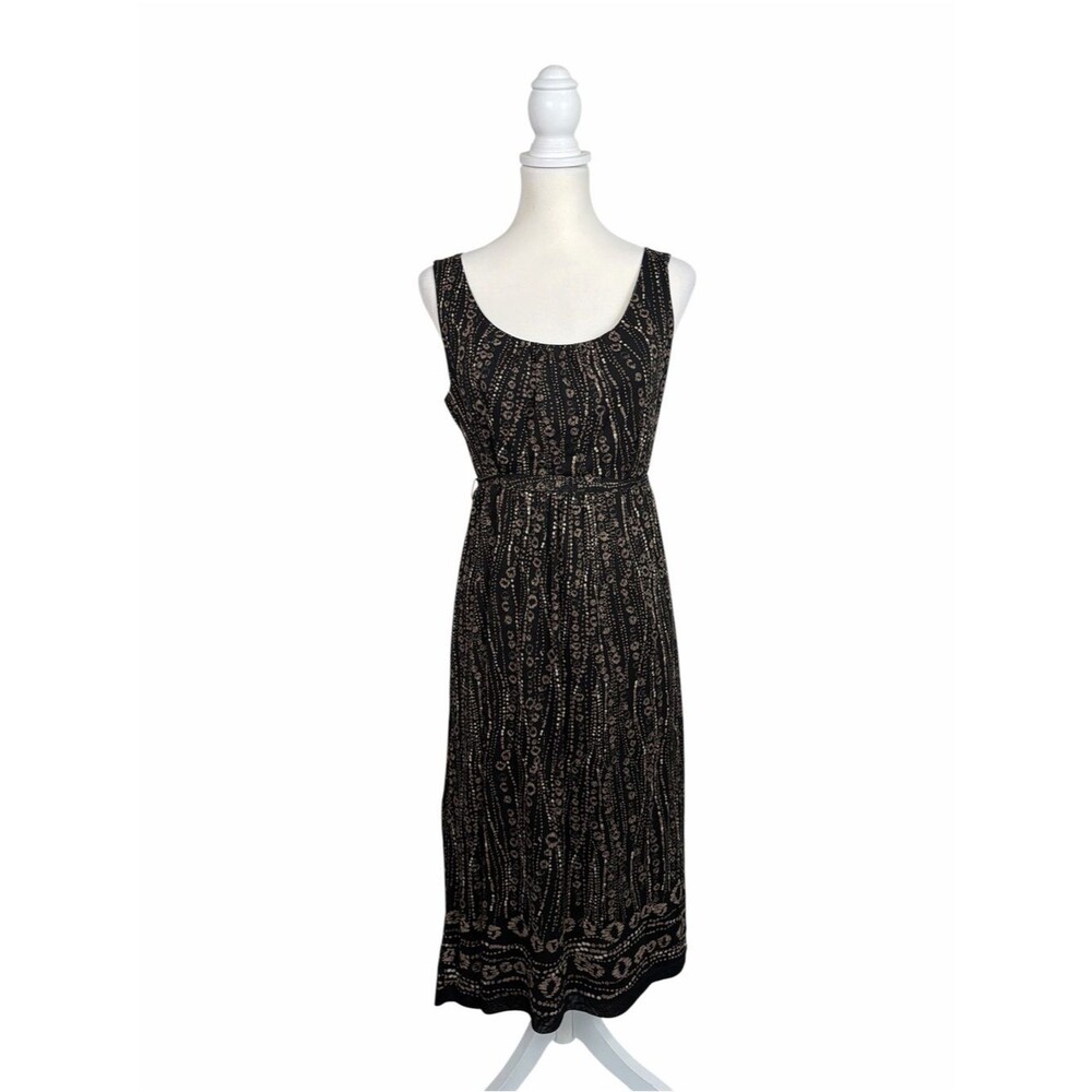 212 Collection Black Tan Printed Sleeveless Midi Dress Tie Waist Boho Medium